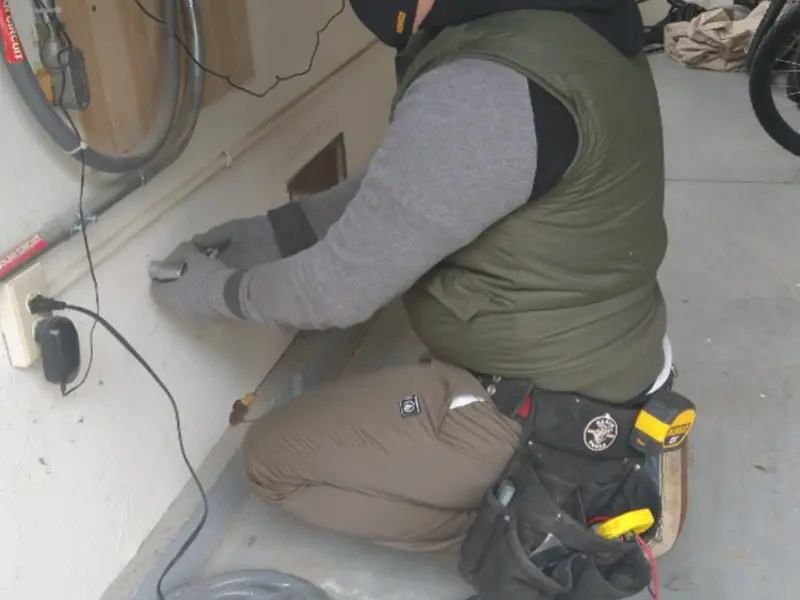 Electrician performing outlet wiring in a Hartselle garage